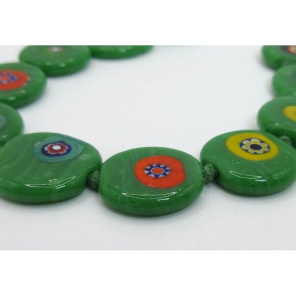 Vintage Green Millefiori Glass Necklace Floral Disc Beads Art Glass 23” Retro - Picture 5 of 8